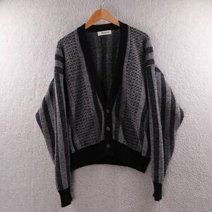 Vintage Jantzen Mens L Knit Cardigan Sweater Black Gray Striped Made in USA